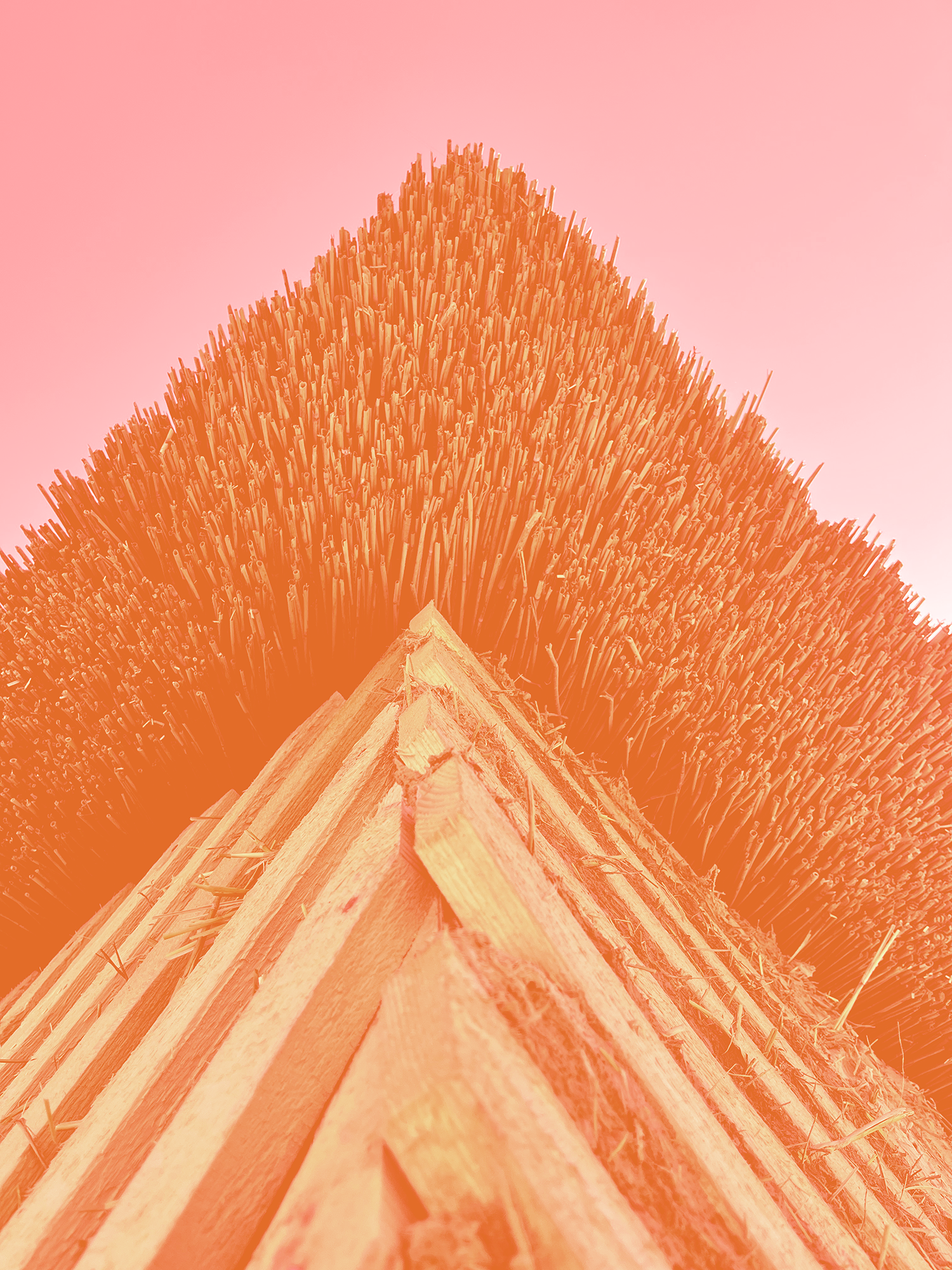 view of thatch overhang from below with sky behind